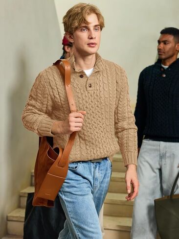 Bbalizko Mens Stand Collar Pullover Sweater Cable Knitted Chunky Winter Fashion Buttons Twisted Thermal Sweaters in Saudi Arabia