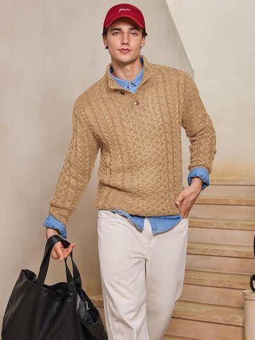 Bbalizko Mens Stand Collar Pullover Sweater Cable Knitted Chunky Winter Fashion Buttons Twisted Thermal Sweaters in Saudi Arabia