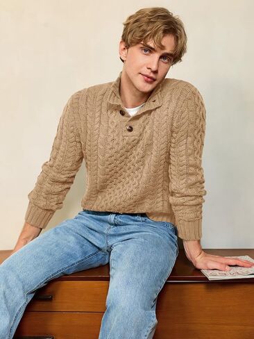 Bbalizko Mens Stand Collar Pullover Sweater Cable Knitted Chunky Winter Fashion Buttons Twisted Thermal Sweaters in Saudi Arabia