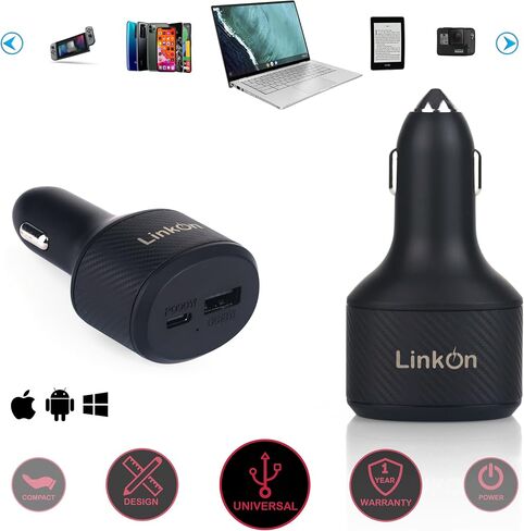 شاحن سيارة LinkOn 63 واط مع 45 واط USB-C PD3.0 PPS و18 واط USB-A QC3.0 متوافق مع MacBook Air Chromebook iPhone Xs/Max/XR/X/8 iPad Pro/Air 2/Mini، Samsung Galaxy S9/S10/ S20 بكسل نيكزس هواوي in Kuwait