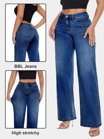 Oneo Mid-Low Rise Bargy Jeans Wide Leg for Women Congendy Pantsy Bottom Lady Basic Basic Recied in Kuwait