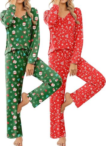 Ekouaer Womens 2 Pack Pajama Sets Long Sleeve Pajamas Top and Pants V Neck Soft Pjs Set Loungewear with Pockets in Saudi Arabia