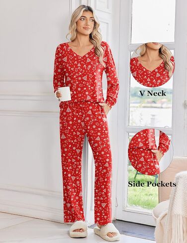 Ekouaer Womens 2 Pack Pajama Sets Long Sleeve Pajamas Top and Pants V Neck Soft Pjs Set Loungewear with Pockets in Saudi Arabia