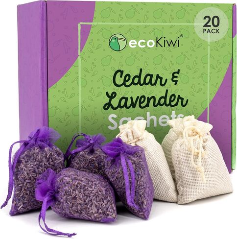 Ecokiwi Cedar & Lavender Sachets-20 كيسًا للعطر المنزلي والروائح الطازجة ، وأيديار آند لافندر للأدراج وأقرب ، وأقرب ، وأغراض ثنائية الأغراض لوقف أضرار الملابس وأقرب نضارة in Saudi Arabia