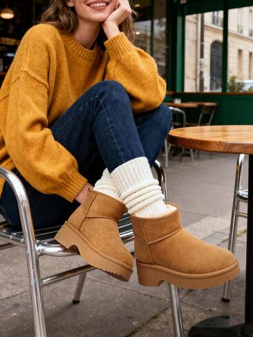 Shibever Snow Mini Boots Women: الفراء الدافئ المبطن من جلد الشتاء الجوارب الكاحل للسيدات زلة على منصة الراحة الرغبة في الذاكرة in Saudi Arabia