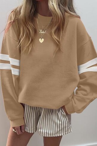 KevaMolly Womens Varsity Striped Oversized Sweatshirt Drop Shoulder Long Sleeve Casual Fashion Pullover Top in Saudi Arabia