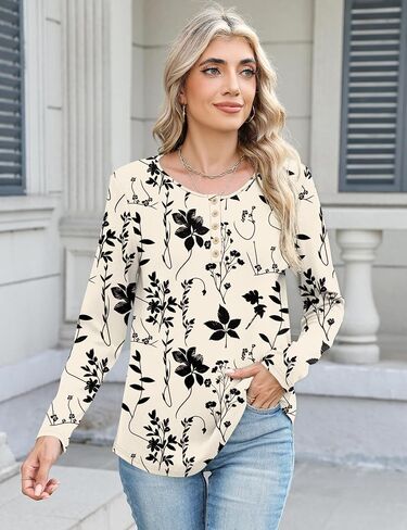 Luyaa Womens Long Sleeve V Tops Henley قمصان بلوك/زر ملاءمة سائبة الصلبة لأسفل Tunic Tops Disual Fall 2025 in Kuwait