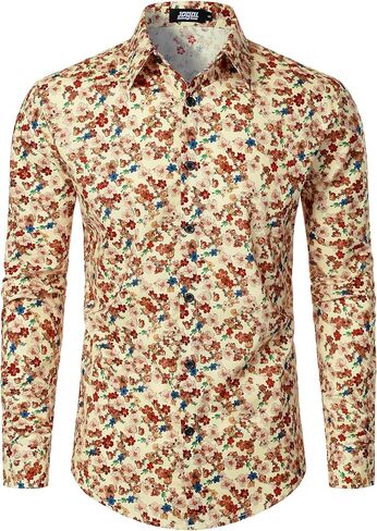 JOGAL Mens Floral Dress Shirt Long Sleeve Printed Casual Button Down Shirts in Kuwait