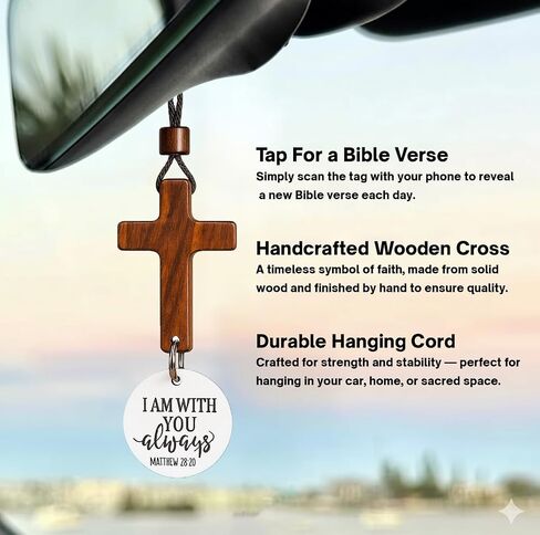 Daily Bible Verse Rearview Mirror Cross Ornament – Daily Scripture Car Charm Hanging Cross for Car with “I Am with You Always" Medallion (Black) in Saudi Arabia