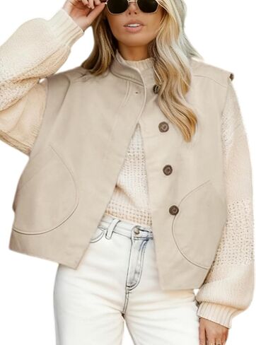 Watashi Women Vest Casual Button Up Stand Collar Lightweight Cargo Waistcoat Sleeveless Blazer Jacket Fall Cardigan Tops in Saudi Arabia