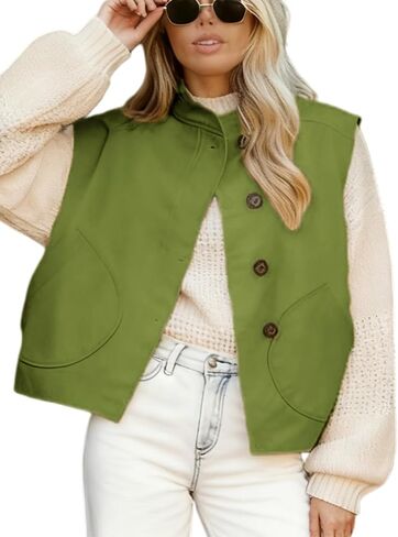 Watashi Women Vest Casual Button Up Stand Collar Lightweight Cargo Waistcoat Sleeveless Blazer Jacket Fall Cardigan Tops in Saudi Arabia
