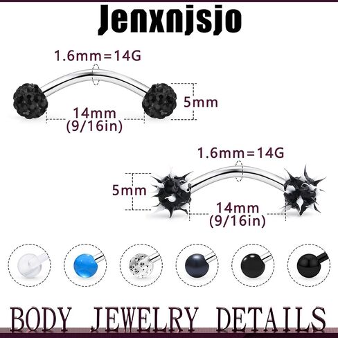 Jenxnjsjo ثعبان عيون حلقات اللسان ثعبان عيون اللسان ثقب المجوهرات للنساء الرجال 9/16in الفولاذ الجراحي 14G الحدائد المنحنية 14 مم القضبان التجنيب بريق اللؤلؤ السيليكون تشيكوسلوفاكيا هيئة ثقب المجوهرات 8 أزواج in Kuwait