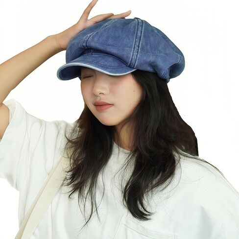 Women's Washed Denim Newsboy Cap Fashion Vintage 8 Panels Visor Beret Girls Octagonal Cap Painter Hat in Saudi Arabia