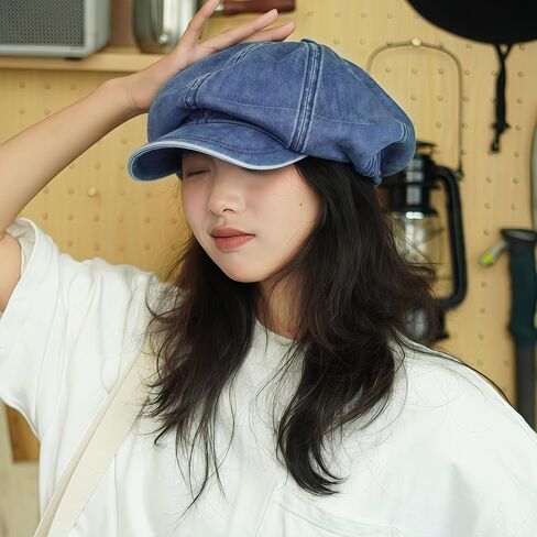 Women's Washed Denim Newsboy Cap Fashion Vintage 8 Panels Visor Beret Girls Octagonal Cap Painter Hat in Saudi Arabia