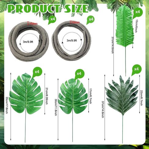 Preboun 2 Pcs 20ft Jungle Theme Party Decorations Tropical Rainforest Leaves Safari Artificial Rattan Decorations with 100 Pcs Fake Tropical Palm Leaves for Indoor Outdoor Forest Garden Party Decor in Saudi Arabia
