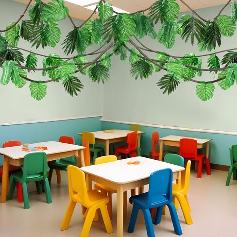 Preboun 2 Pcs 20ft Jungle Theme Party Decorations Tropical Rainforest Leaves Safari Artificial Rattan Decorations with 100 Pcs Fake Tropical Palm Leaves for Indoor Outdoor Forest Garden Party Decor in Saudi Arabia
