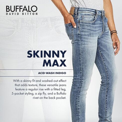 Buffalo David Bitton Men's Skinny MAX Jeans, Whiskered and Contrasted Indigo, 32W x 30L in Saudi Arabia