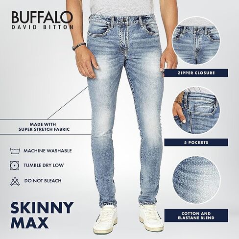 Buffalo David Bitton Men's Skinny MAX Jeans, Whiskered and Contrasted Indigo, 32W x 30L in Saudi Arabia