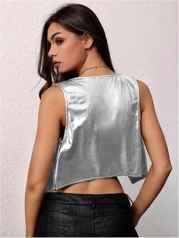 MakeMeChic Women's Metallic Sequin Fringe Vest Blazer Open Front Sleeveless Crop Y2K Coat Outerwear in Saudi Arabia