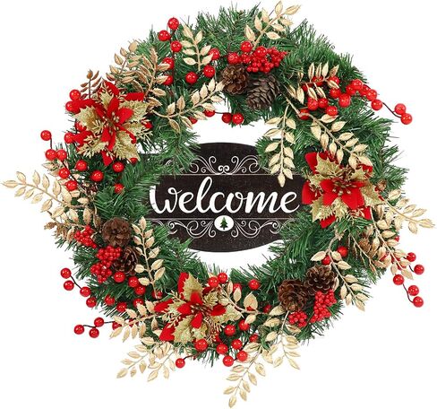 Fall Wreaths for Front Door Outside Decor, 22" Pumpkin Berry Maple Leaves Pine Cone Wreath Autumn Decorations with Bow and Hanging Sign for Thanksgiving Home Outdoor Indoor Porch Harvest in Saudi Arabia