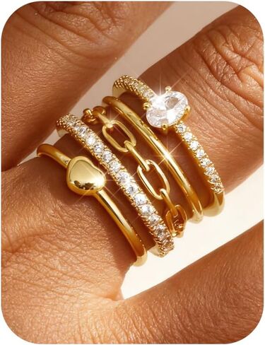 FIASASO 5Pcs Stackable Rings for Women 14K Gold Plated Non Tarnish Dainty Cubic Zirconia Waterproof Stacking Rings Silver Minimalist Band Ring Stacks for Women Trendy No Tarnish Thin Fashion Thumb Ring Size 5 6 7 8 9 10 in Saudi Arabia