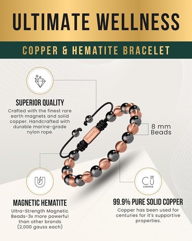 سوار مغناطيسي من الهيماتيت MagnetRX® - أحجار طبيعية ذات قوة قصوى - أساور هيماتيت مغناطيسية مطرزة (خرزة زيوس ذهبية 8 مم) in Kuwait