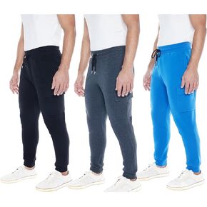 Men's 3-Pack Fleece Athletic Workout Jogger Sweatpants with Cargo Pockets and Drawstring. Available in S to 3XL