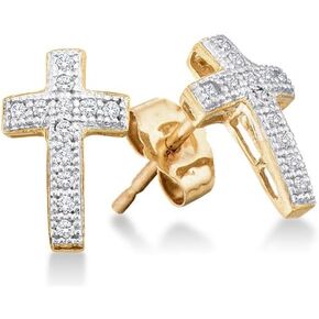 10K Yellow and White Two Tone Gold Micro Pave Set Round Diamond Cross Stud Earrings with Push Back Closure - (1/10 cttw)