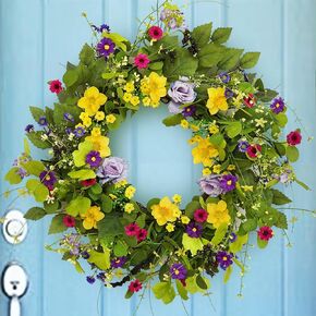 Spring Wreaths for Front Door, Soomeir Summer Outdoor Wreath with Yellow and Purple Daisy, Green Floral Door Decor for All Season Home Wall Wedding Farmhouse Holiday