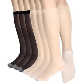 ShinyMatch 6 Pairs Women's Knee High Sheer Socks Silky Anti Slip Cotton Sole Socks Reinforced Toe Stockings for Women