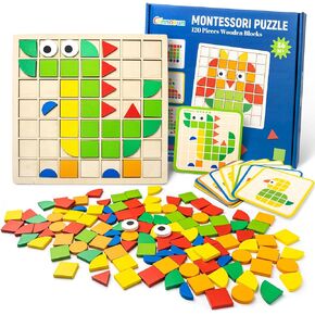 120 PCS Wooden Puzzle Blocks,Commodum Colorful Shape Pattern Montessori Tangram Educational Toys, Kindergarten Classic Educational Geometric Blocks with Cards Puzzles Toys Gifts for Kids Ages 3+