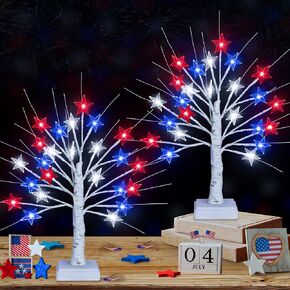 [Timer] 2 Pack 18 Inch 4th of July Patriotic Decorations Tree Light with 24 LED Red White Blue Star Lights, USB/Battery Operated Fourth of July Independence Day Lighted Tree for Home Table Party Decor