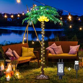 Lighted Palm Tree 5FT 208 LED Artificial Palm Tree Decor with Lighted Coconuts for Outdoor Light up Fake Tree with USB & Adapter for Indoor Outside Patio Christmas Hawaiian Tiki Bar Decoration