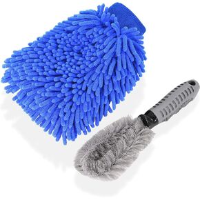 Starbaf Chenille Microfiber Wash Mitt - Blue Thick and Absorbent Scratch Free Car Wash Mitt - Complete with Wheel Brush