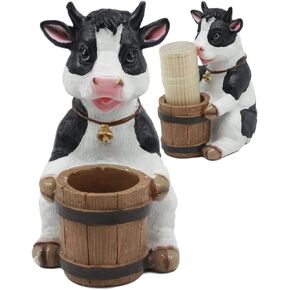 Ebros Rustic Country Farm Bovine Holstein Cow With Bell Collar Holding A Wooden Barrel Decorative Toothpick Holder Statue With Toothpicks 4"Tall Animal Figurine Collectible Kitchen Decor