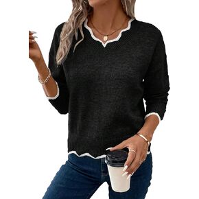 MakeMeChic Women's Scallop Trim Long Sleeve Drop Shoulder Pullover Sweater V Neck Solid Ribbed Knit Tops