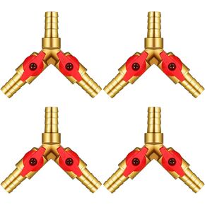 Gisafai 4 Pcs Y Shaped 3/8 Ball Valve 3 Way Shut off Valve Air Hose Barb Splitter 2 Switch Brass Fittings for Water Fuel Air Tube