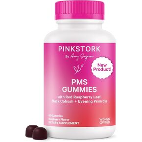 Pink Stork PMS Support Gummies - Red Raspberry Leaf & Black Cohosh for Bloating, Acne & Cravings - Proactive Period & PMS Support Supplement - Hormone Balance - 60 Plant-Based Berry Gummies