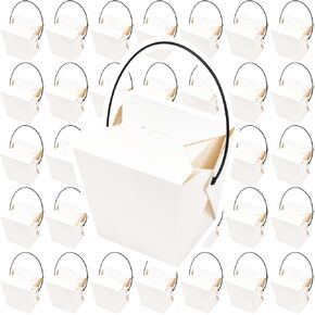 TAICHEUT 100 Pack 26oz Chinese Take Out Boxes, White Kraft Take Out Box with Handle Chinese Box to Go for Restaurant, Bakery and Party