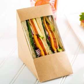 XIAOHONG 50 Pcs Sandwich Wedge Box, Kraft Paper Sandwich Take Out containers - Triangle Sandwich Box with Window,Triangular Baking Packaging Box Sandwich Packaging Box (4.72''x2.55'')
