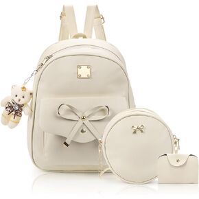 Noamus 3Pcs Cute PU leather Backpack Set, Women's Mini Bowknot Shoulder Bag Purse, Fashion Beige Zipper Bags with Bear Pendant, Casual Bag Travel Daypacks for Lady Gift