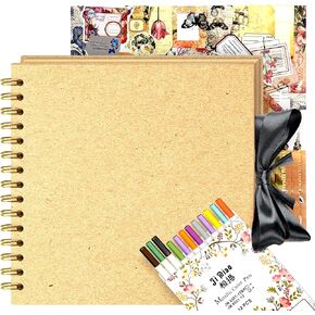 Scrapbook Album 80 Pages (8 x 8 Inches) Brown Thick 140g Kraft Paper, Scrapbook with Corner Protectors, Ribbon Closure – Scrapbook Supplies, 12 Pieces of Marker Pens, 260 Pieces Vintage Prints