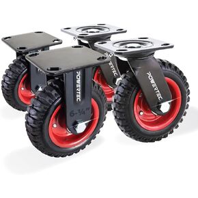 POWERTEC 8 Inch Caster Wheels Set of 4, Heavy Duty Swivel Plate Casters with Rubber Knobby Tread for Workbench, Dolly, Cart, Trolley, Wagon and Chicken Coop, Large Rubber Castor Wheels (17051-P4)