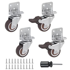 Heavy Duty Casters Set of 4 with Brake,L-Shape Side Mount TPR Plate Caster Wheels Replacement for Baby Bed, Carts Trolley, Kitchen Cabinet, Furniture, Table, Loading Capacity 120 Lbs (1" L-Shape)