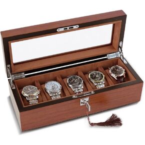 Wood Watch Box for Men, 5-Slot Watch Case with Glass Lid, Watch Cases for Women, Boyfriend, Husband, Him, Dad, Watch Organizer w/Removable Pillows, Watch Display Case Gift