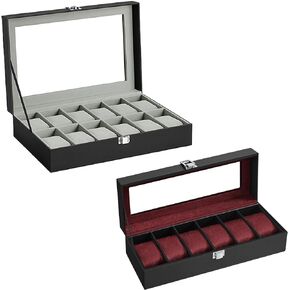 SONGMICS 2 Items Bundle - Watch Boxes, 12-Slot Watch Box with Large Glass Lid and Removable Watch Pillows, 6-Slot Watch Case, Black Synthetic Leather UJWB12BK and UJWB006R01