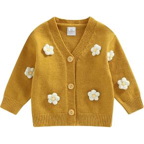 سترة صوفية للفتيات الصغيرات بأكمام طويلة وأزرار متماسكة معاطف سترة علوية لطيفة للخريف والشتاء ملابس دافئة (أصفر زهري، 1-2T) in Kuwait