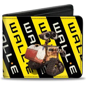 Buckle-Down Men's Disney Wallet, Bifold, Wall E 2 Poses Warning Stripe Yellow Black White, Vegan Leather, 4.0" x 3.5"