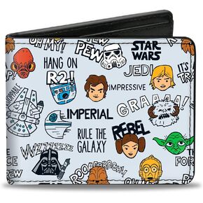 Buckle-Down Men's Star Wars Wallet, Bifold, Characters and Quotes Cartoon Collage Gray, Vegan Leather, 4.0" x 3.5"