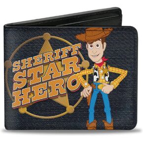 Buckle-Down Men's Disney Wallet, Bifold, Toy Story Woody Sheriff Star Badge Denim Print Blues Golds, Vegan Leather, 4.0" x 3.5"